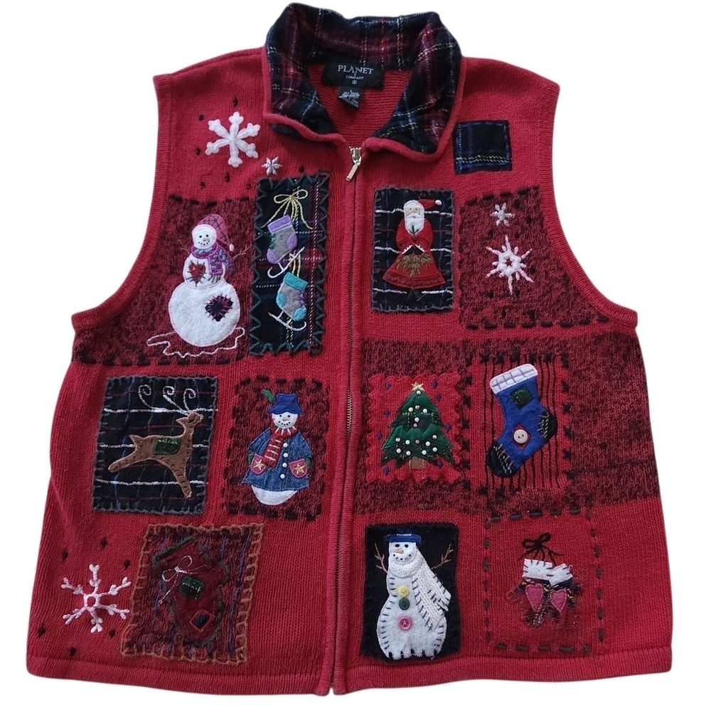 Vintage Ugly Christmas Plaid Sweater Vest Full Zip Sz L